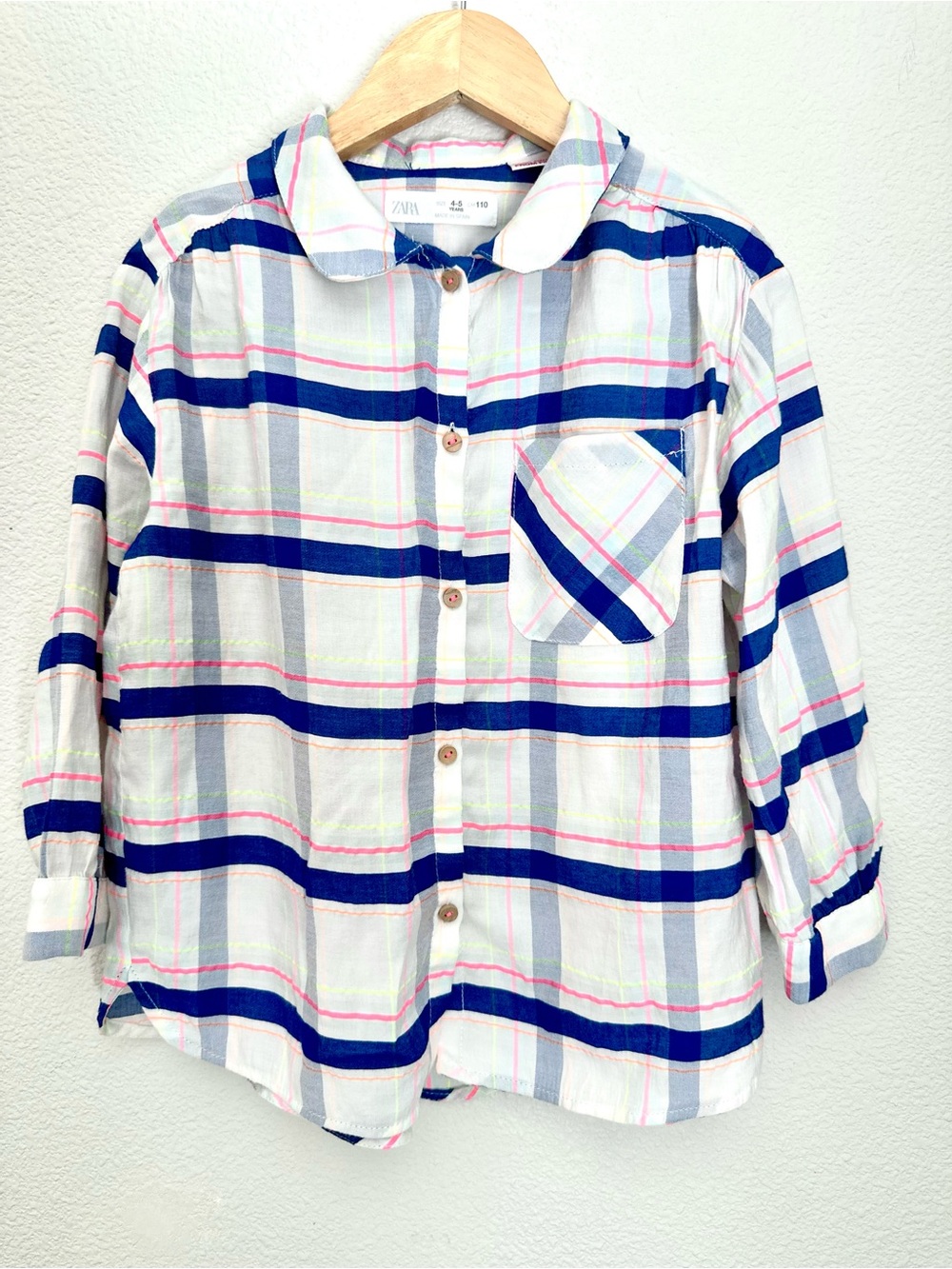Zara Girls White Plaid Button Down Top with Navy & Pink Stripes Size 4-5